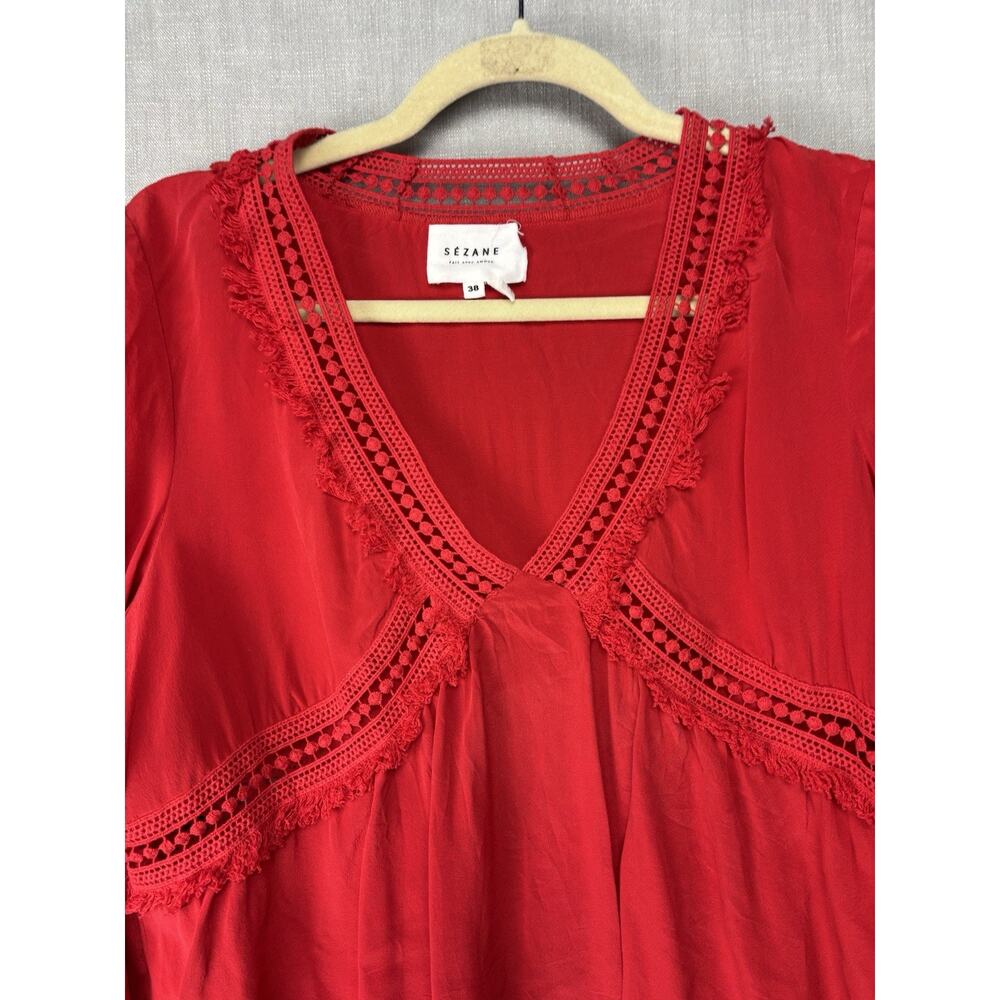 Sezane Red Crochet-Trim V-Neck Blouse